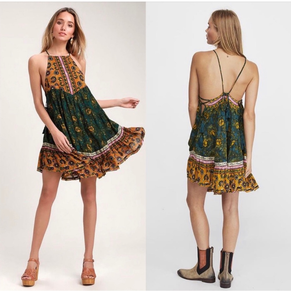 Free people Casablanca green printed slip dress boho beach gold flowy